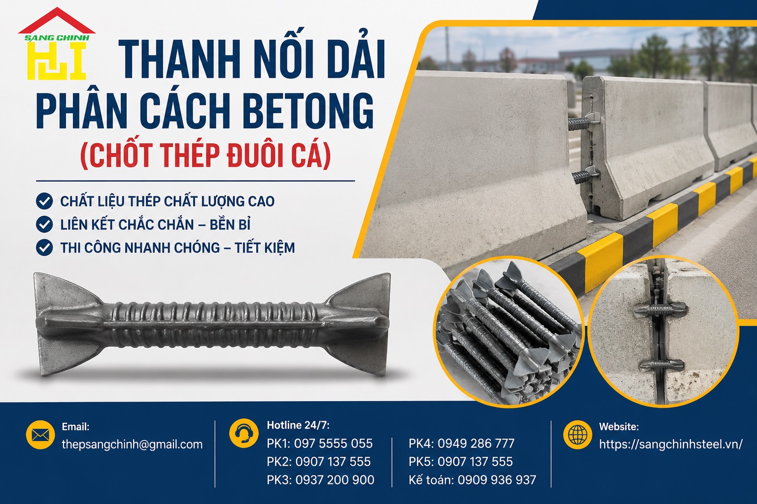 Thanh Nối Dải Phân Cách Betong (Chốt Thép Đuôi Cá)