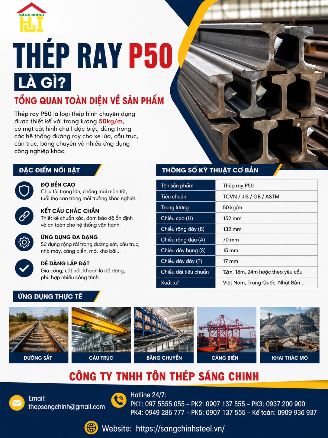 Thép Ray P50 (50kg/m) 12.5m – 25m