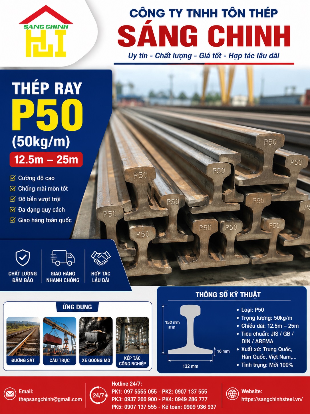 Thép Ray P50 (50kg/m) 12.5m – 25m