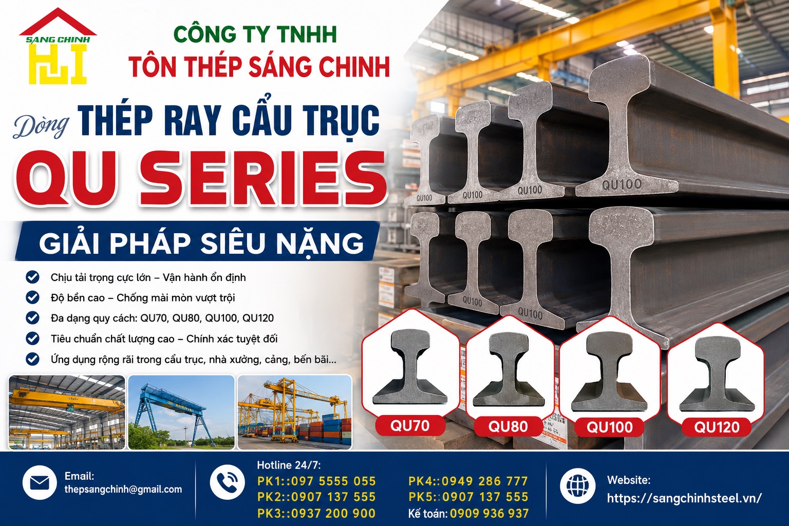 Thép Ray P9 P11 P15 P18 P22 P24 P30 P38 P43 P50 QU70 QU80 QU100 QU120