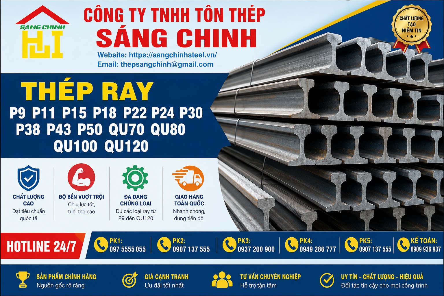 Thép Ray P9 P11 P15 P18 P22 P24 P30 P38 P43 P50 QU70 QU80 QU100 QU120