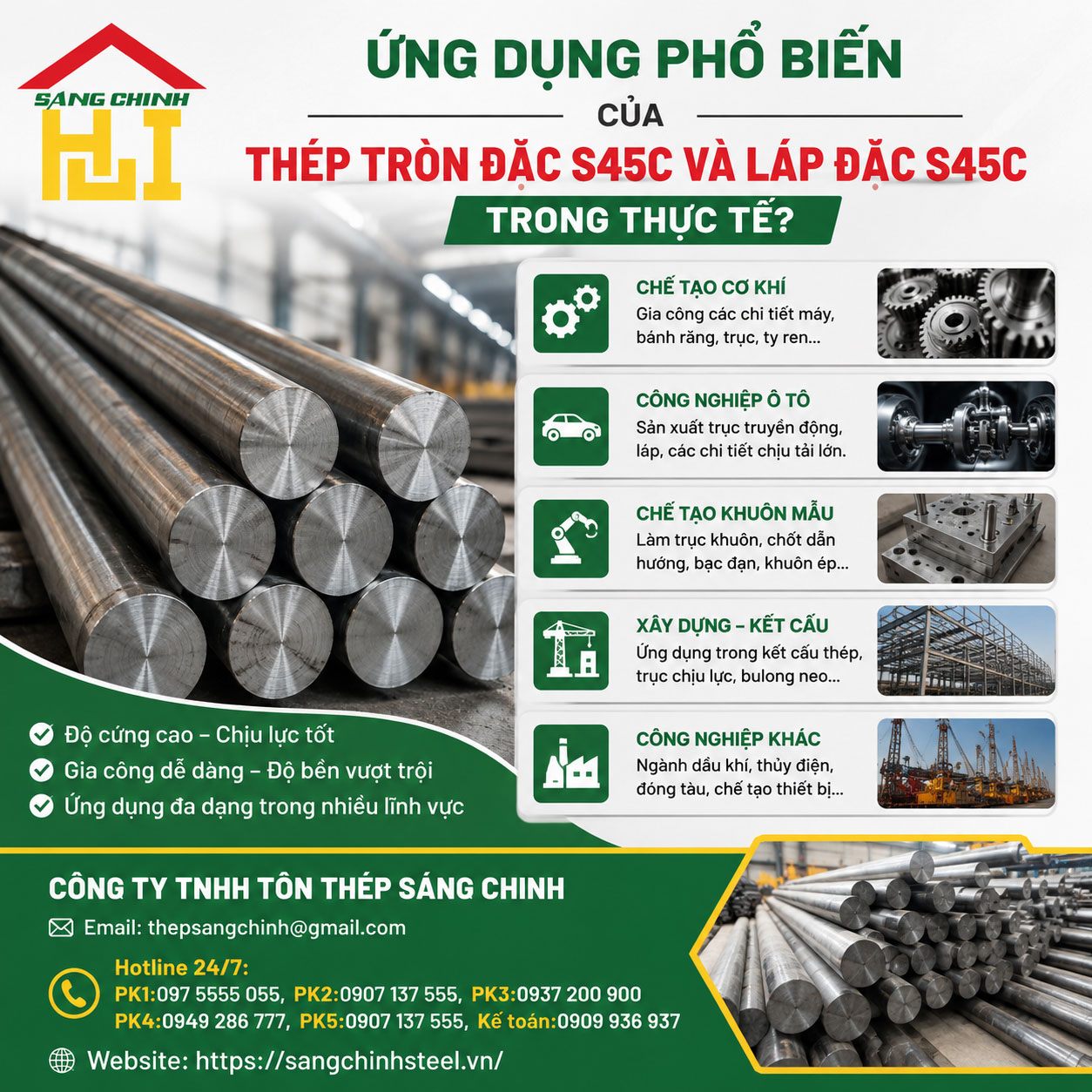 Ứng dụng phổ biến của thép tròn đặc S45C và láp đặc S45C trong thực tế?