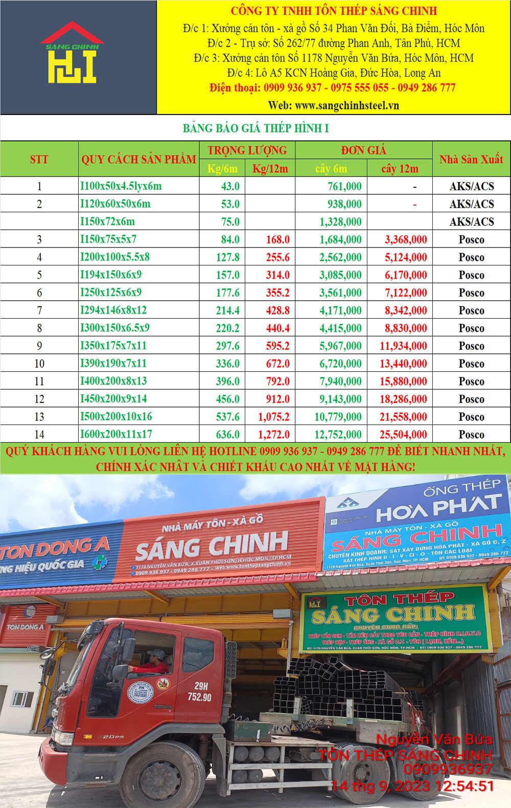 Bảng báo giá thép hình I-U-V-H tại Huyện Hóc Môn