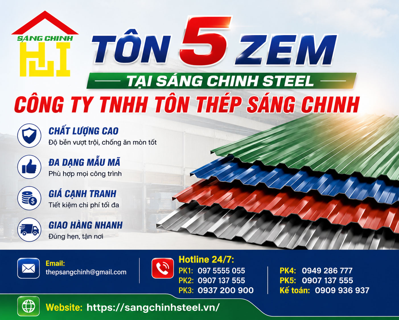 Bảng báo giá tôn 5 Zem tại Sáng Chinh STEEL
