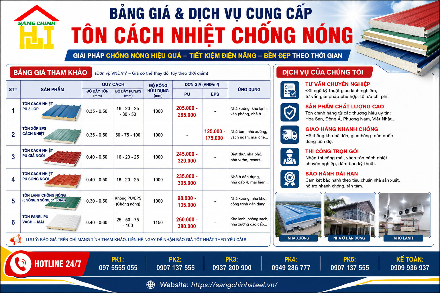 Bảng giá và dịch vụ cung cấp tôn cách nhiệt chống nóng