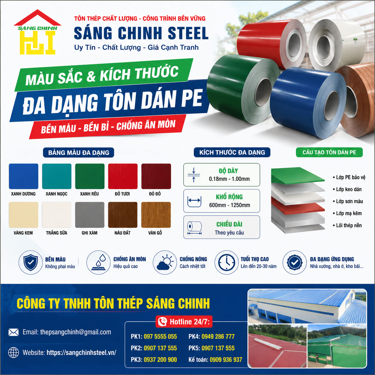Màu sắc và kích thước đa dạng tôn dán PE