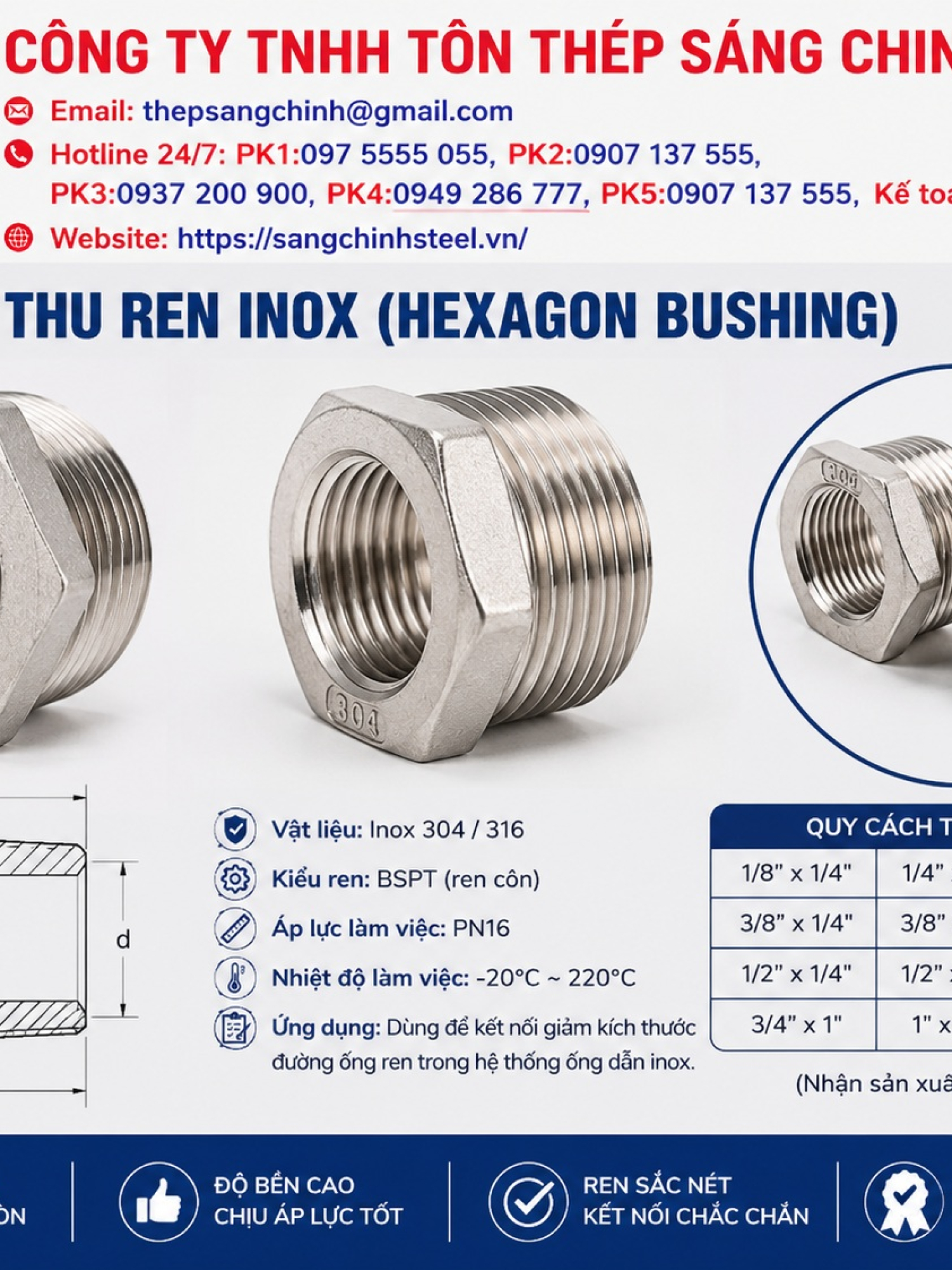Cà rá, lơ thu ren inox (Hexagon Bushing)