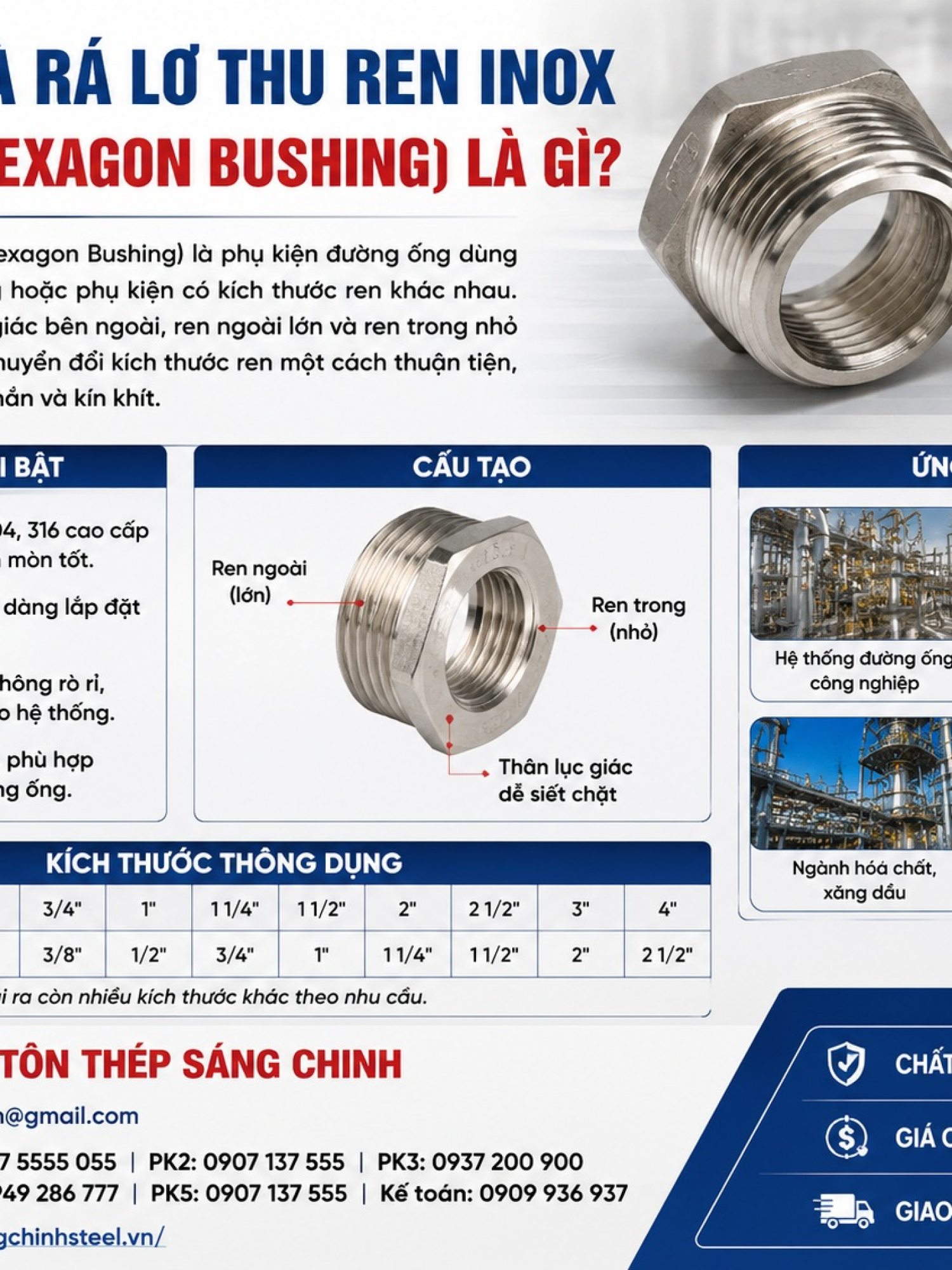 Cà rá, lơ thu ren inox (Hexagon Bushing)