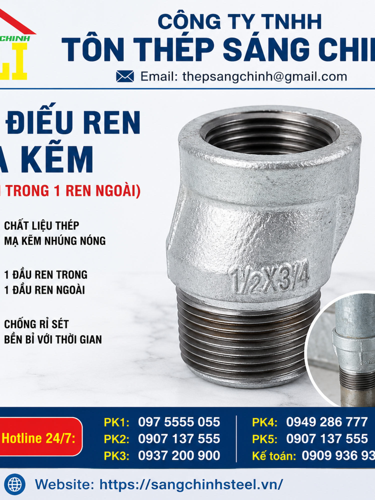Co Điếu Ren Mạ Kẽm (1 ren trong 1 ren ngoài)
