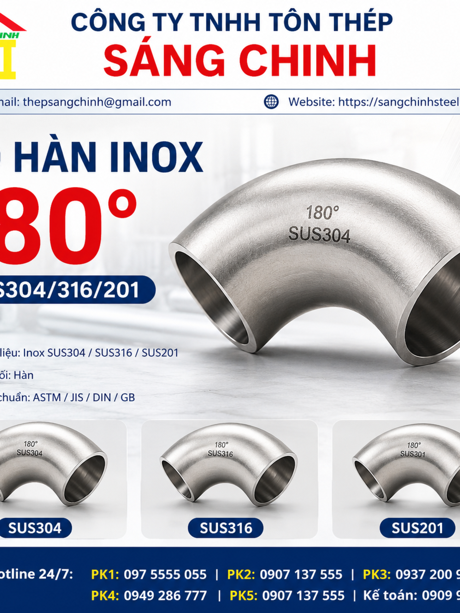 Co Hàn INOX 180 Độ SUS304/316/201