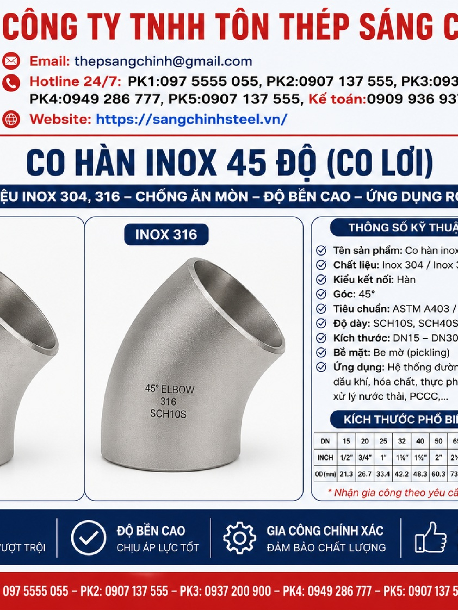 Co hàn inox 45 độ 304, 316 (co lơi)