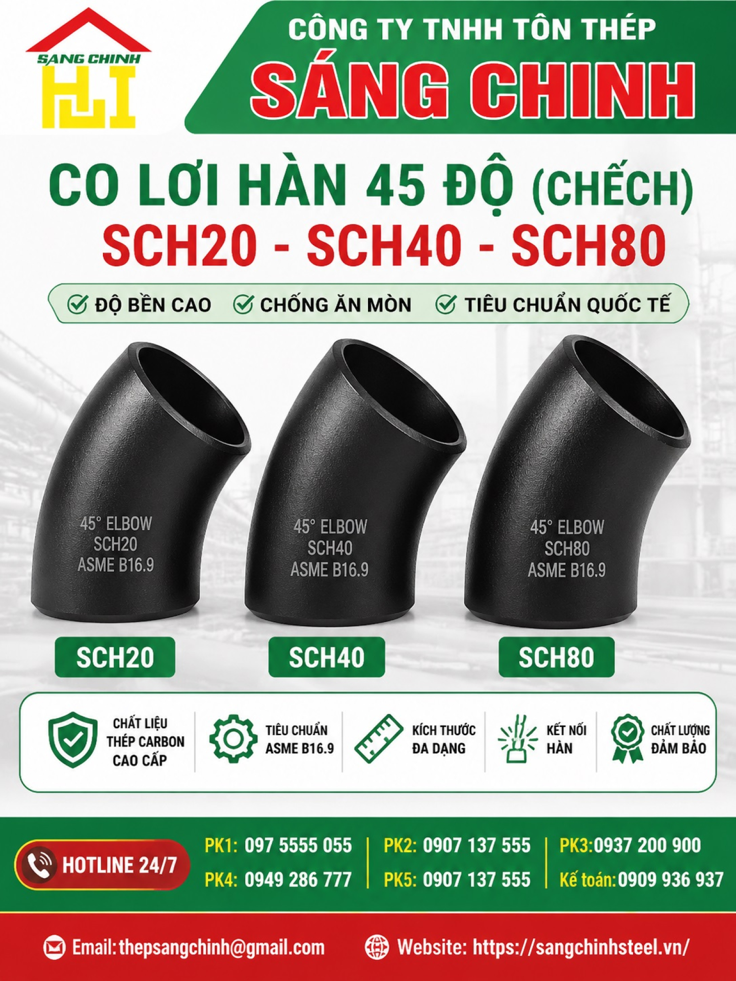 Co lơi hàn 45 độ (chếch) SCH20 SCH40 SCH80