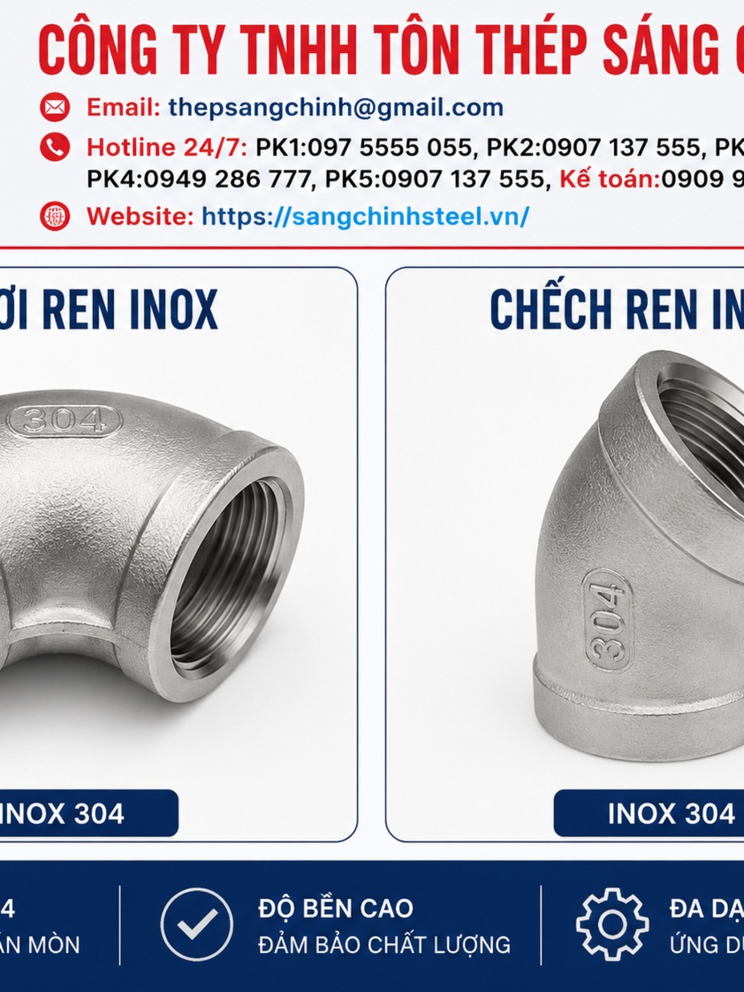 Co lơi ren inox, chếch ren inox 304