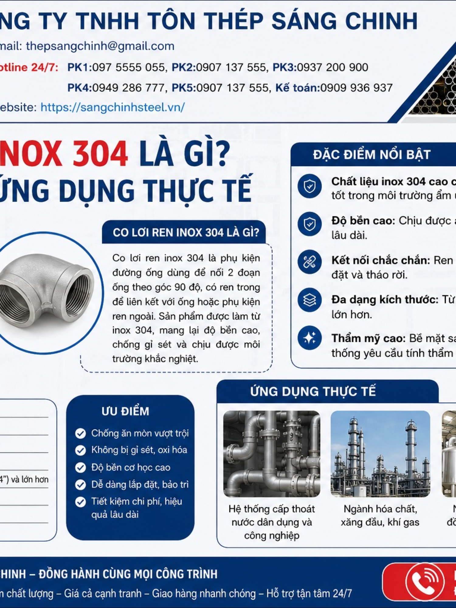 Co lơi ren inox, chếch ren inox 304