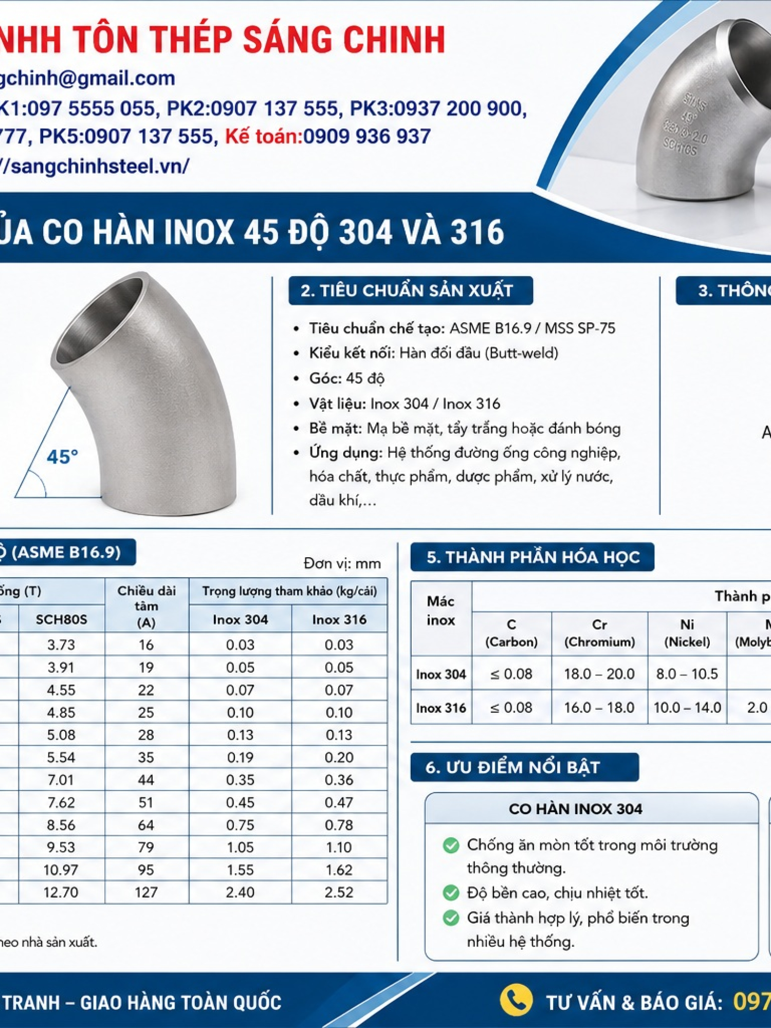 Co hàn inox 45 độ 304, 316 (co lơi)