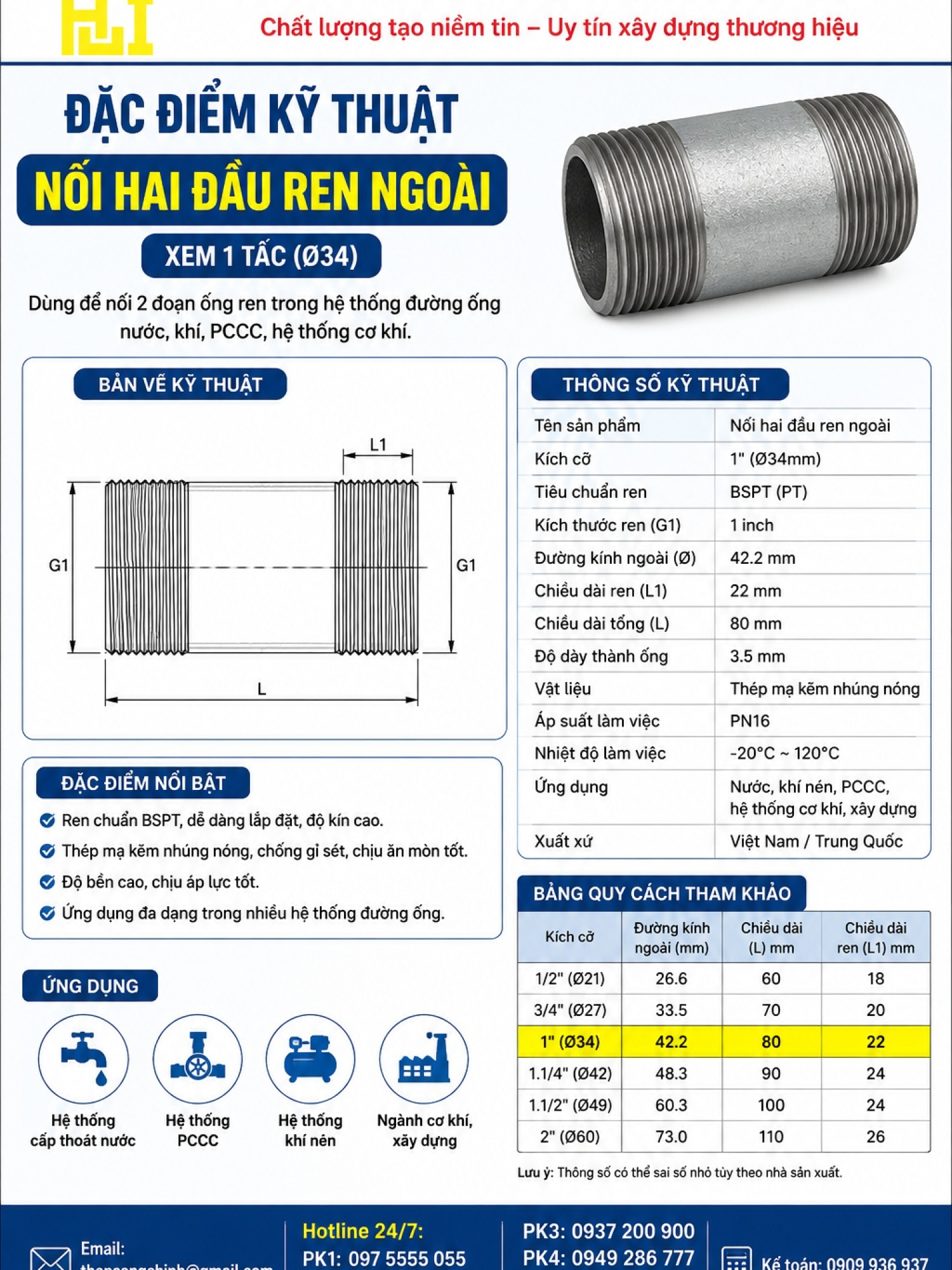 Nối hai đầu ren ngoài, xem 1 tấc, xem 2 tấc
