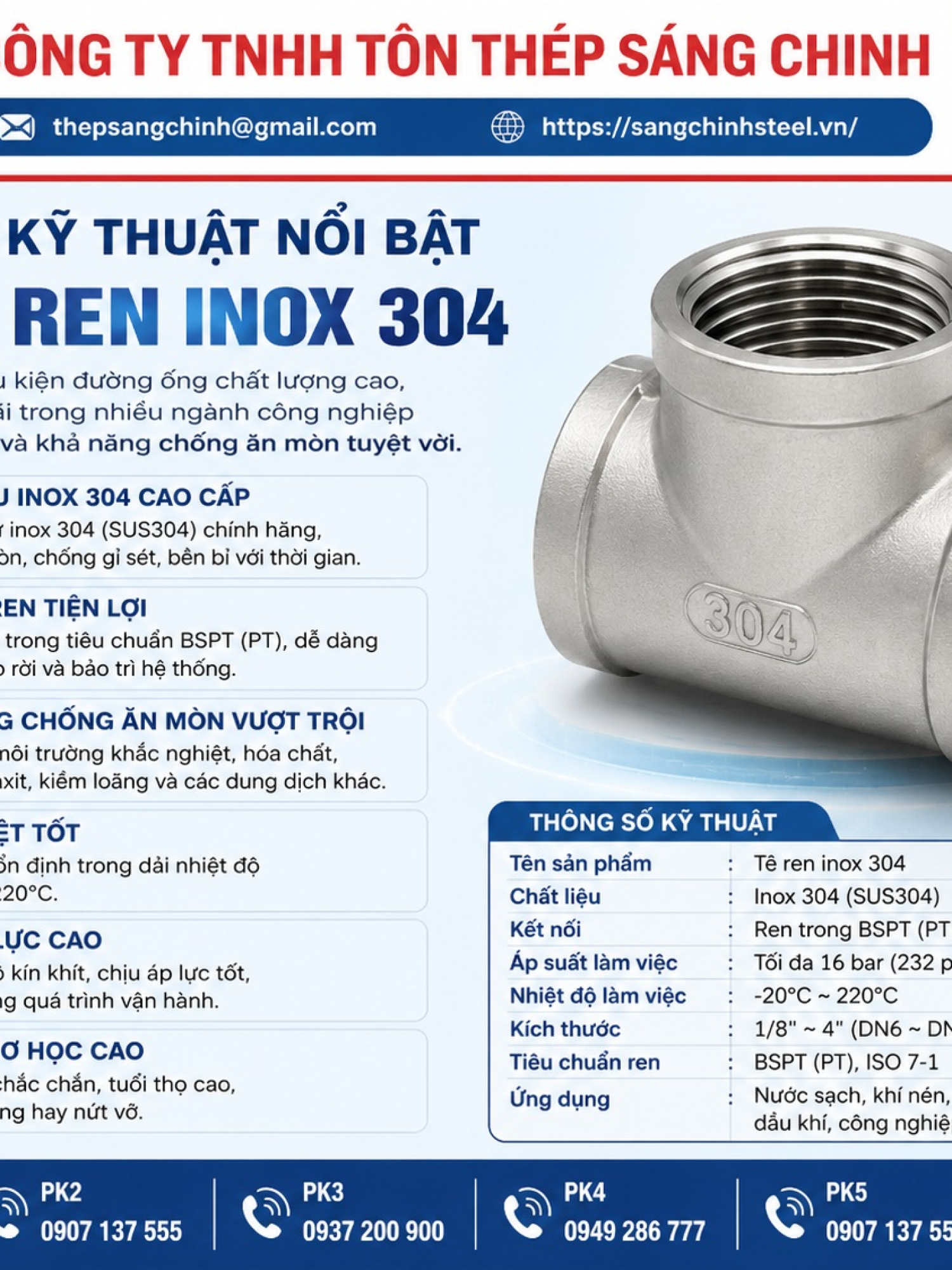 Tê ren inox 304