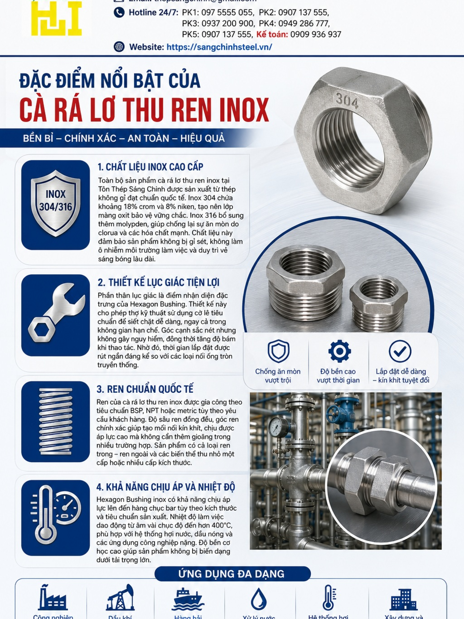 Cà rá, lơ thu ren inox (Hexagon Bushing)