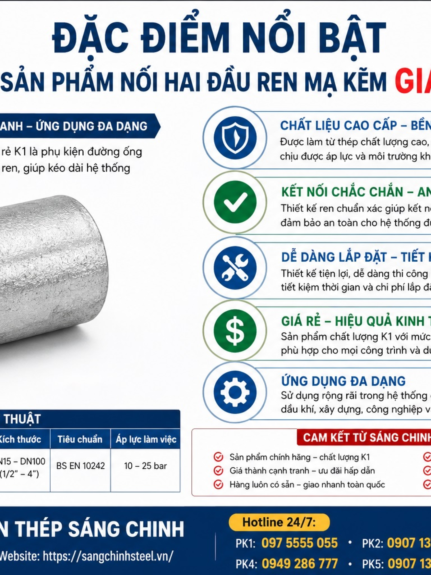 Nối hai đầu ren mạ kẽm giá rẻ K1
