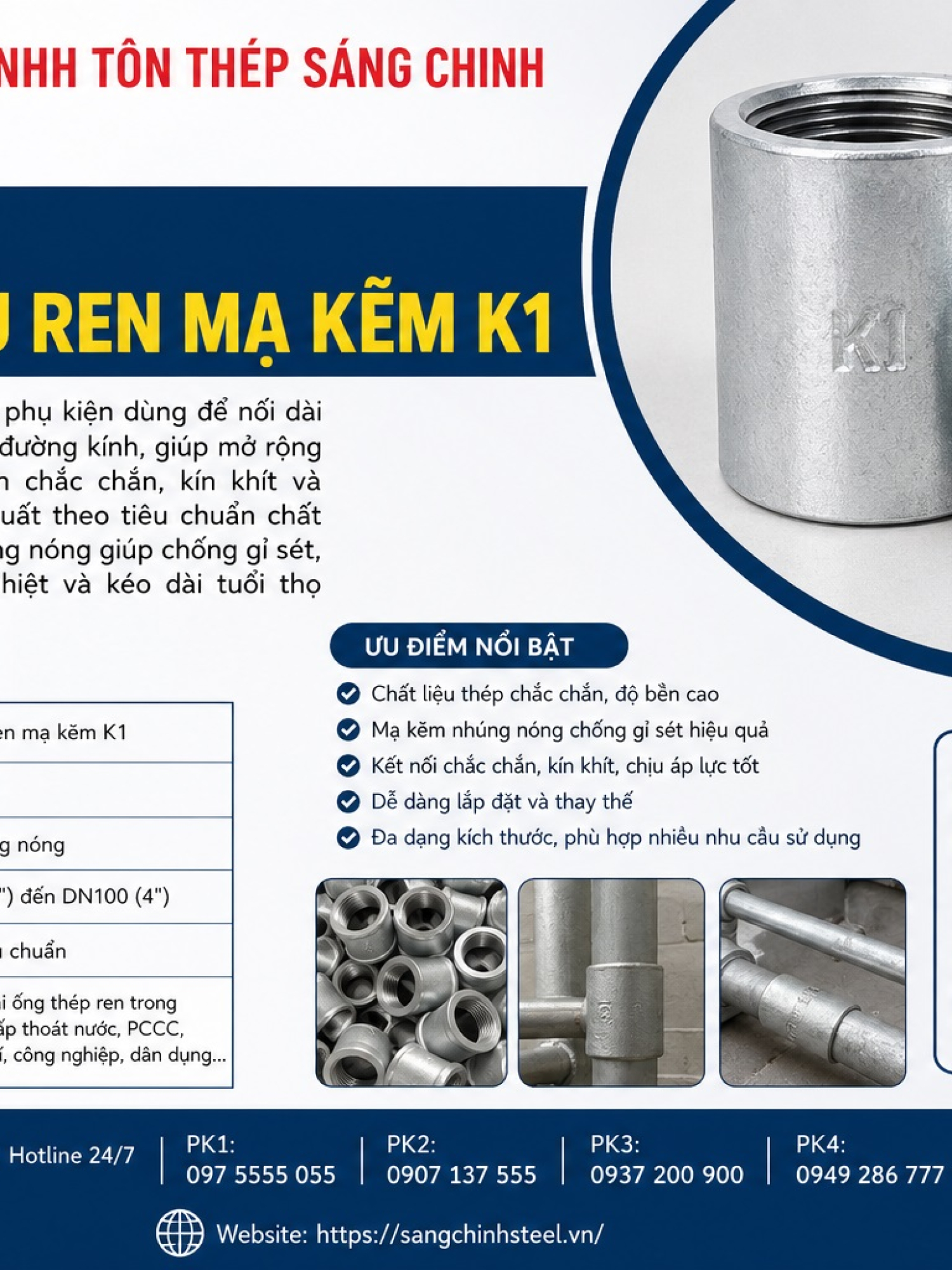 Nối hai đầu ren mạ kẽm giá rẻ K1