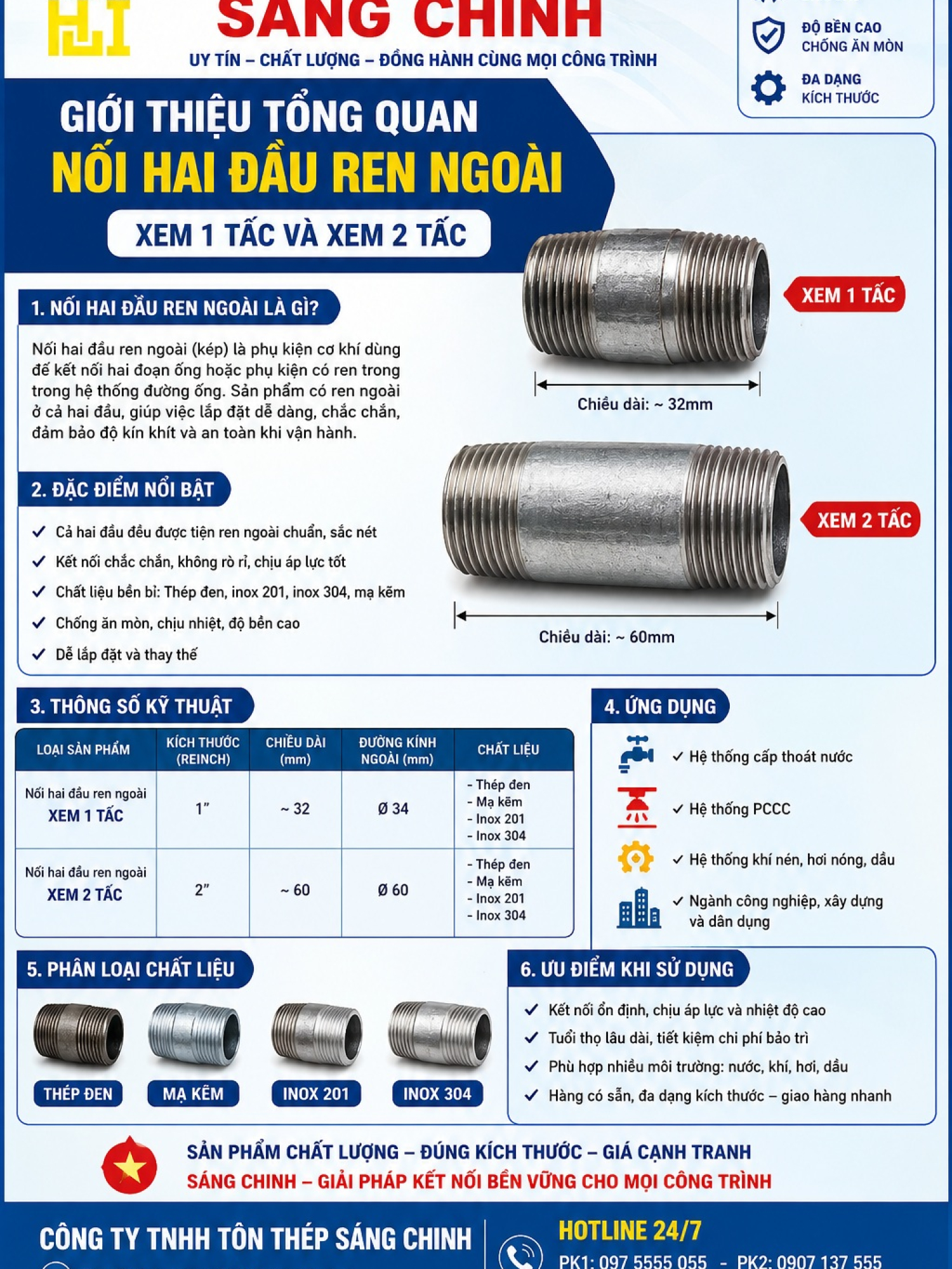 Nối hai đầu ren ngoài, xem 1 tấc, xem 2 tấc