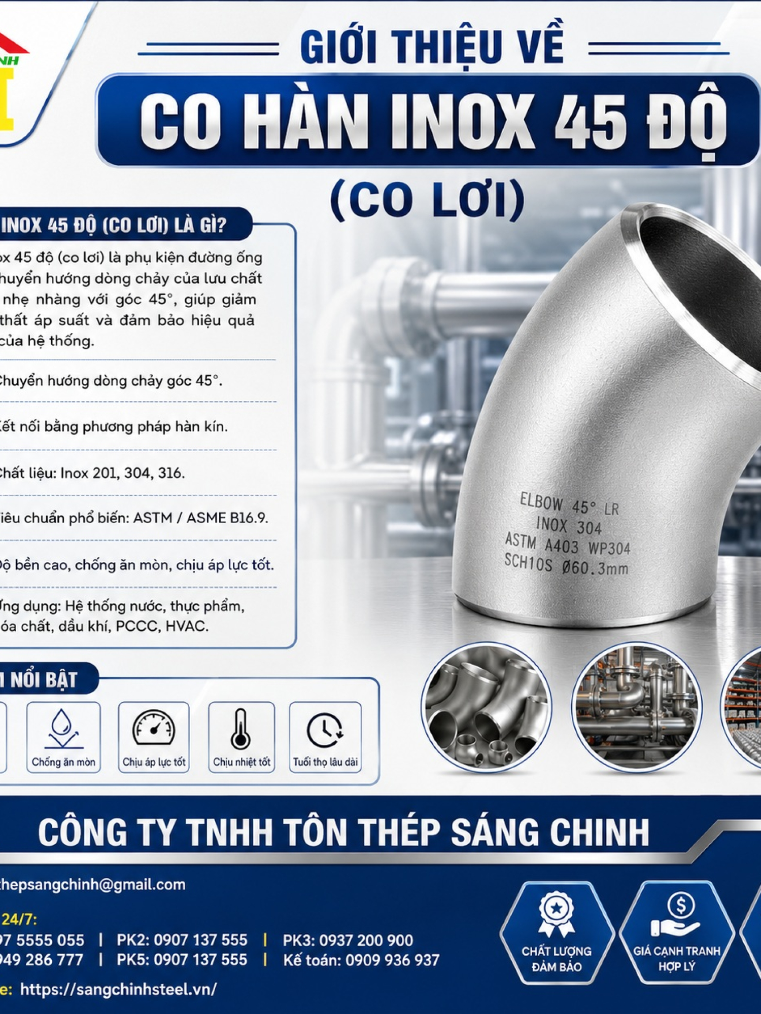 Co hàn inox 45 độ 304, 316 (co lơi)