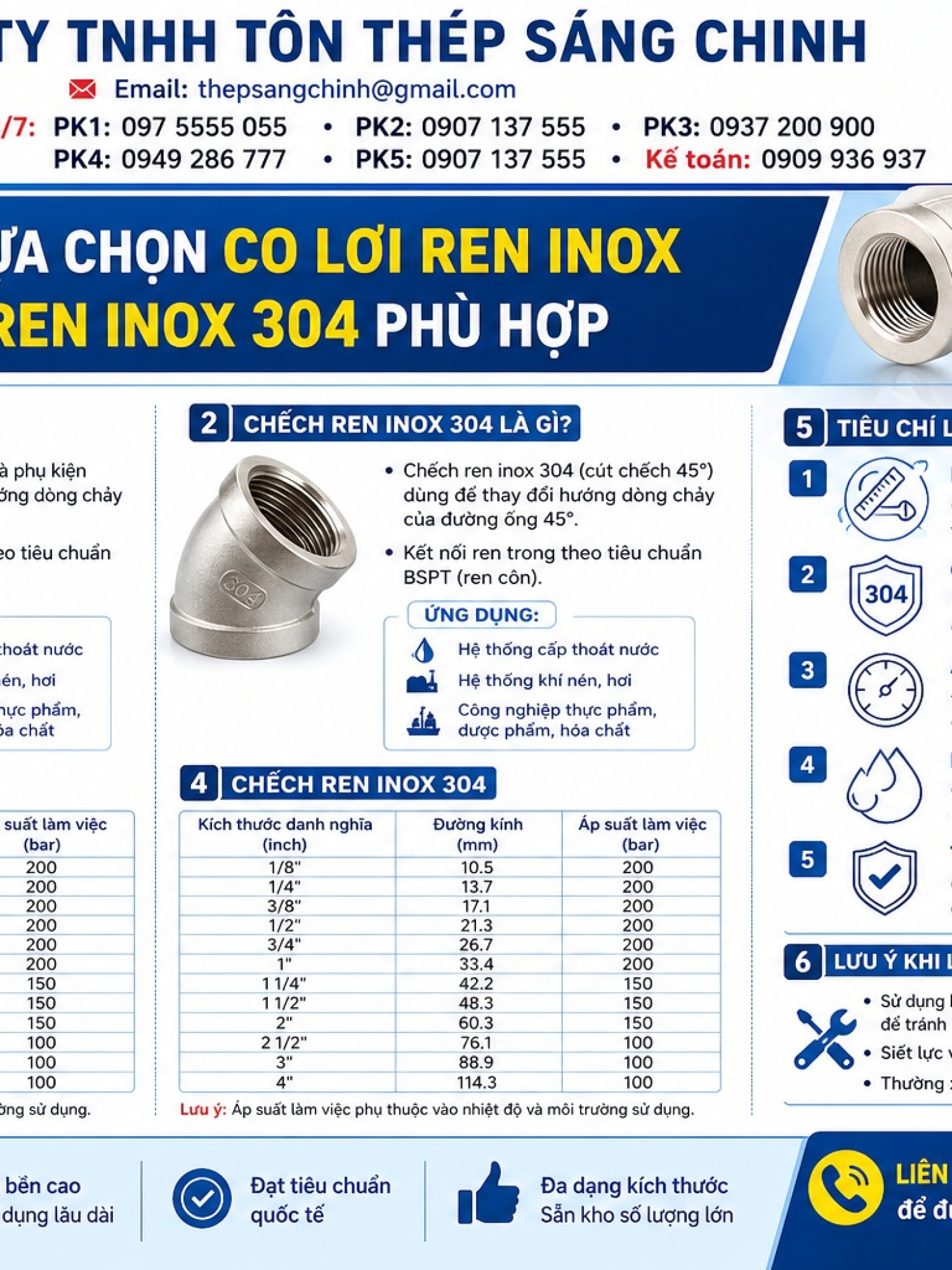 Co lơi ren inox, chếch ren inox 304