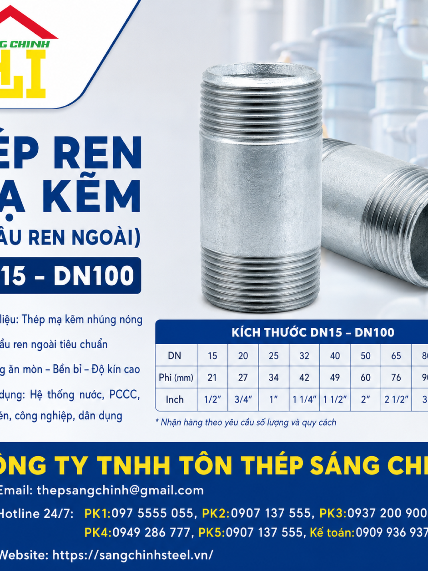 Kép Ren Mạ Kẽm (2 đầu ren ngoài DN15-DN100)