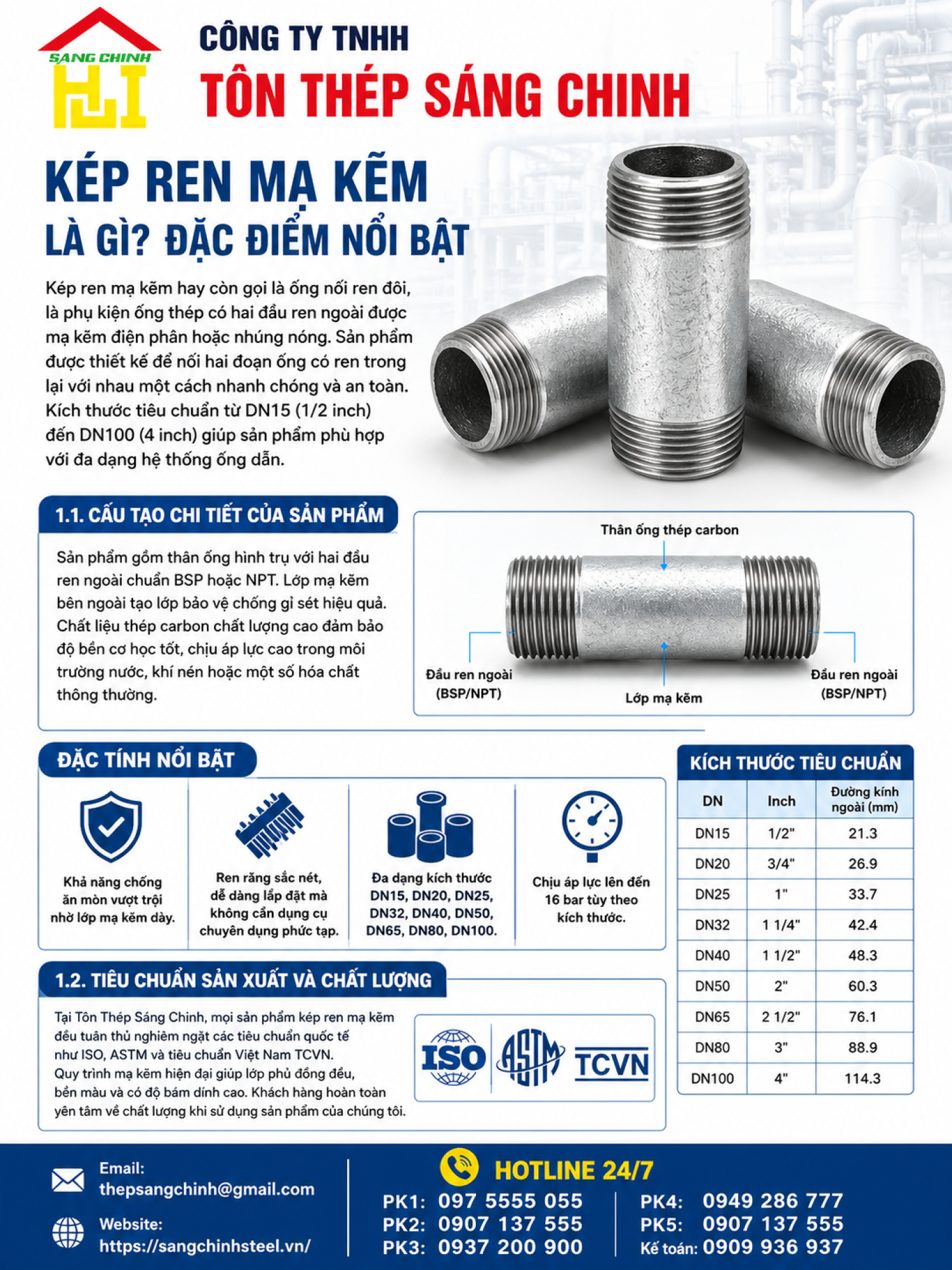 Kép Ren Mạ Kẽm (2 đầu ren ngoài DN15-DN100)