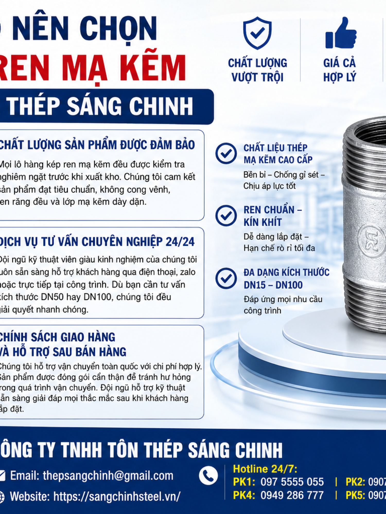 Kép Ren Mạ Kẽm (2 đầu ren ngoài DN15-DN100)