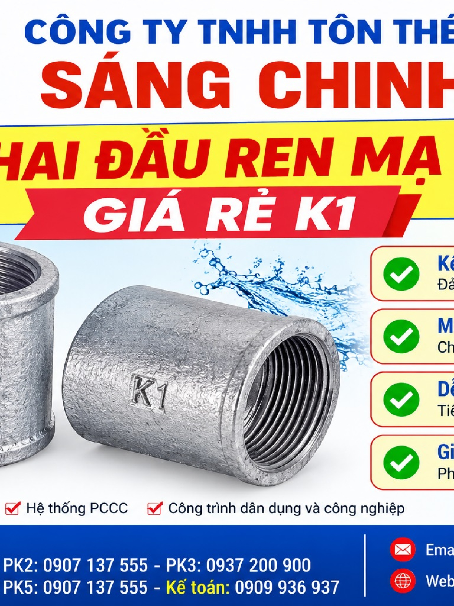 Nối hai đầu ren mạ kẽm giá rẻ K1