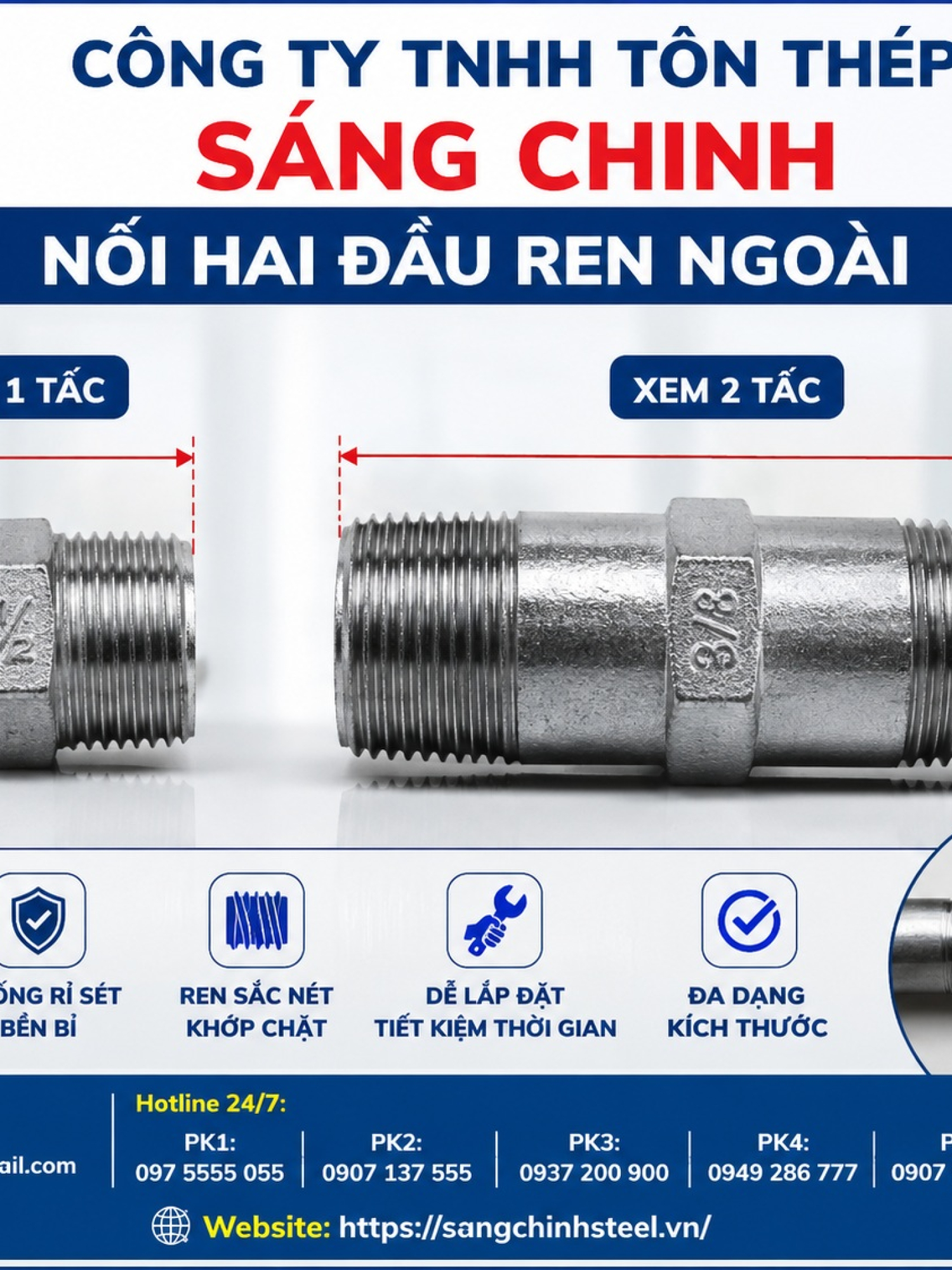 Nối hai đầu ren ngoài, xem 1 tấc, xem 2 tấc