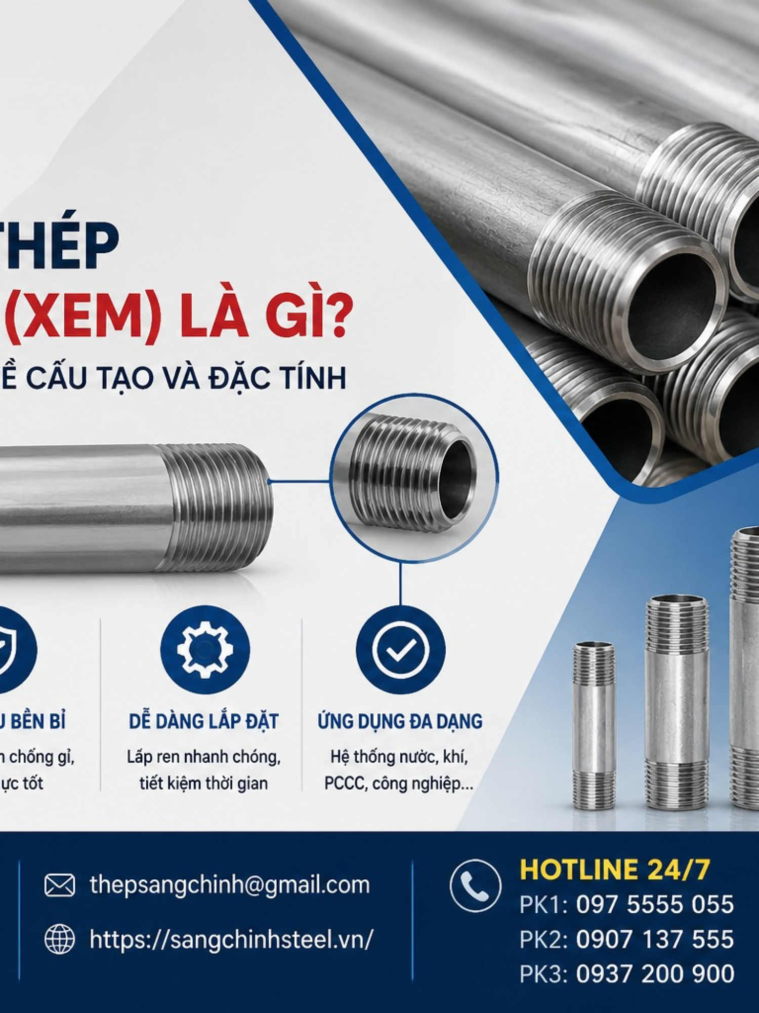 Ống nối thép 2 đầu ren (XEM) 1 tấc 2 tấc 3 tấc….