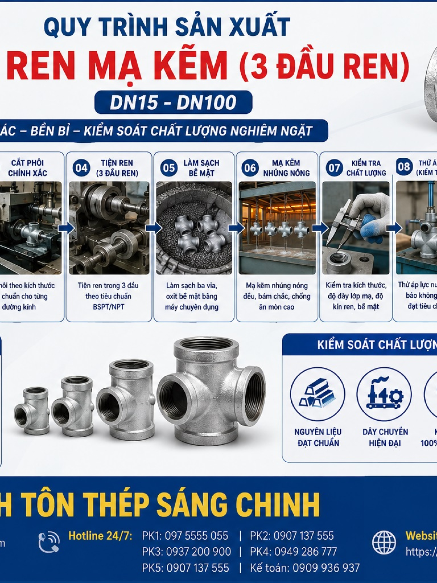 Tê Ren Mạ Kẽm (3 đầu ren DN15-DN100)