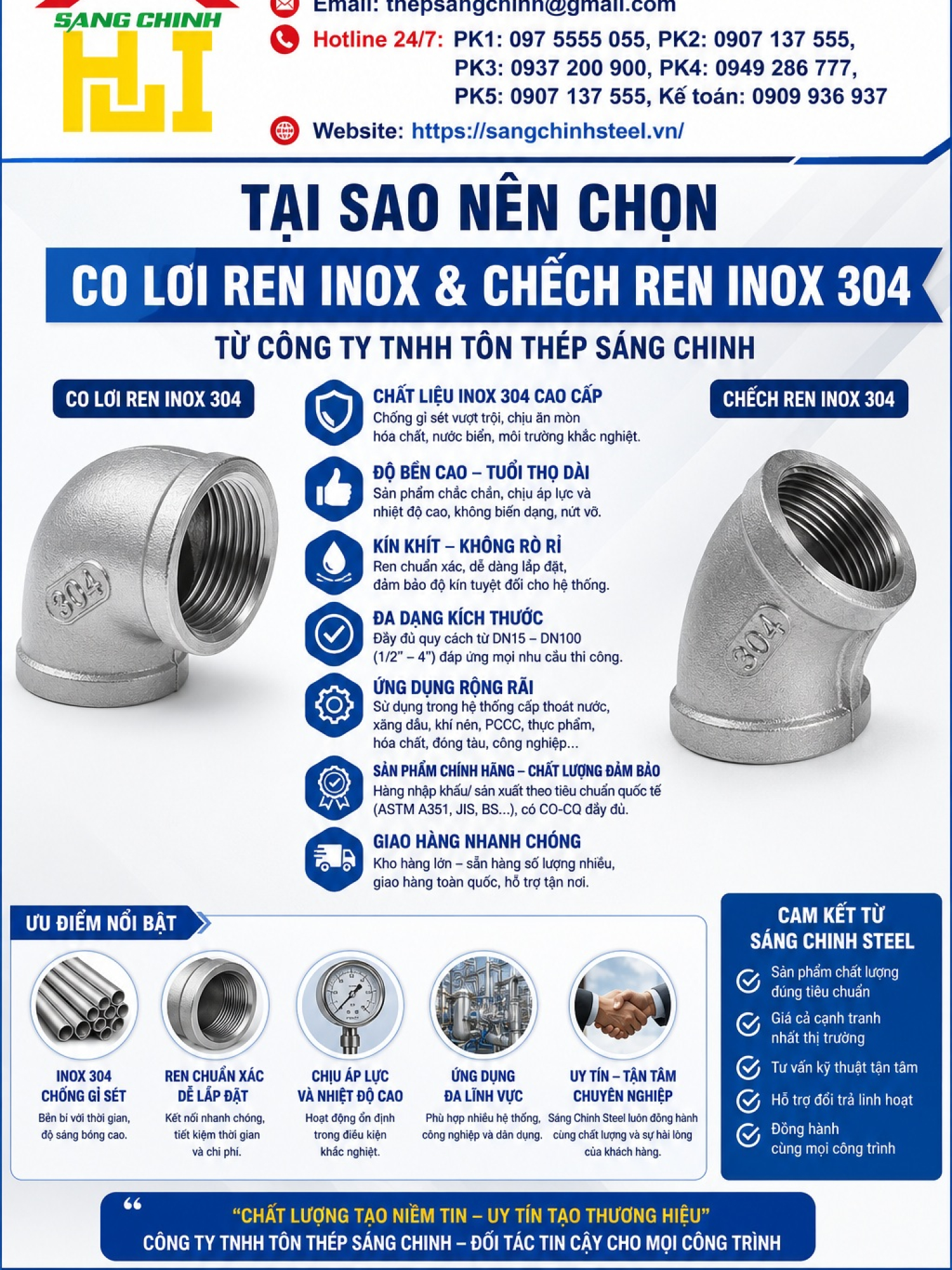 Co lơi ren inox, chếch ren inox 304