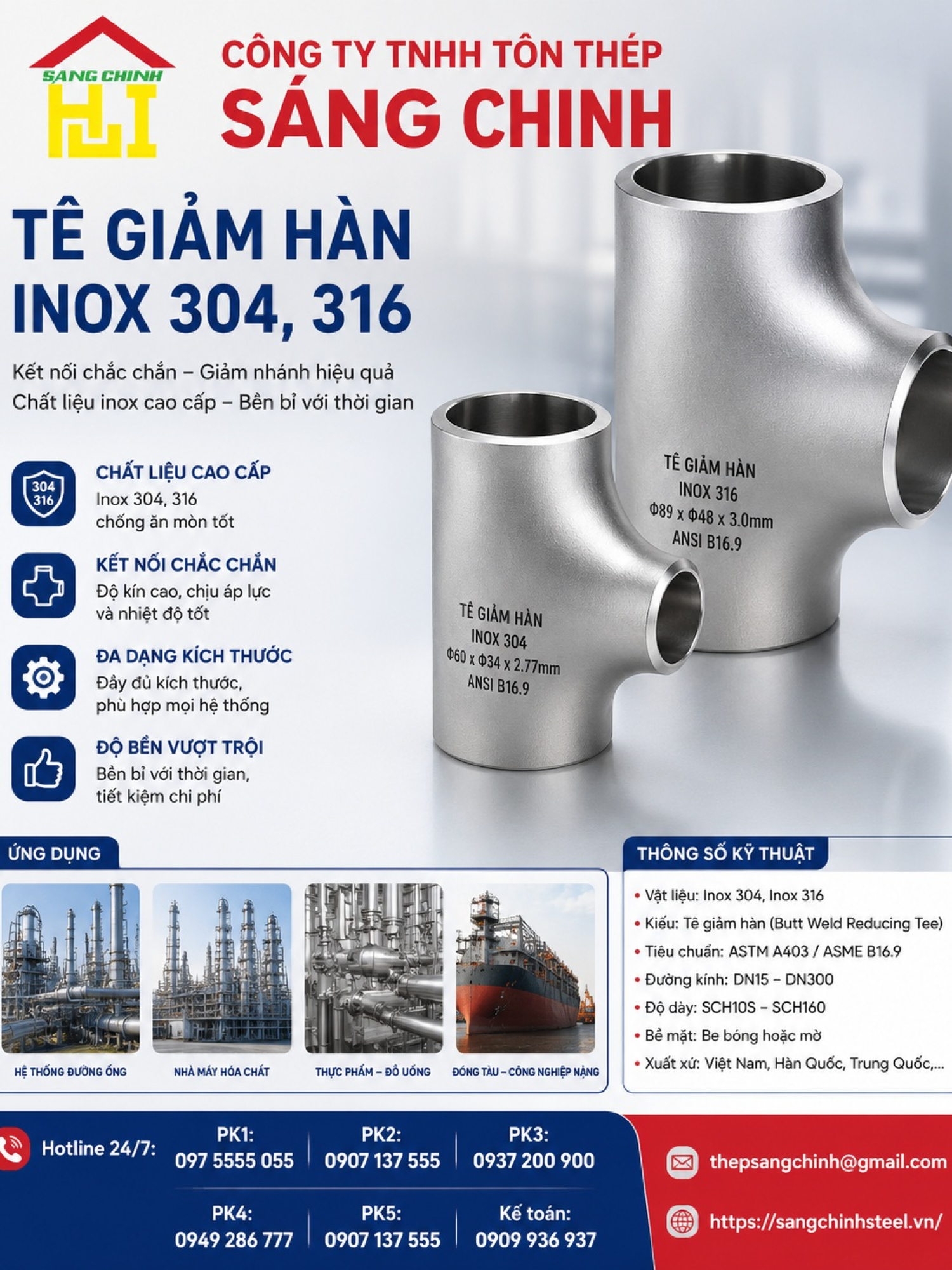 Tê giảm hàn inox 304, 316