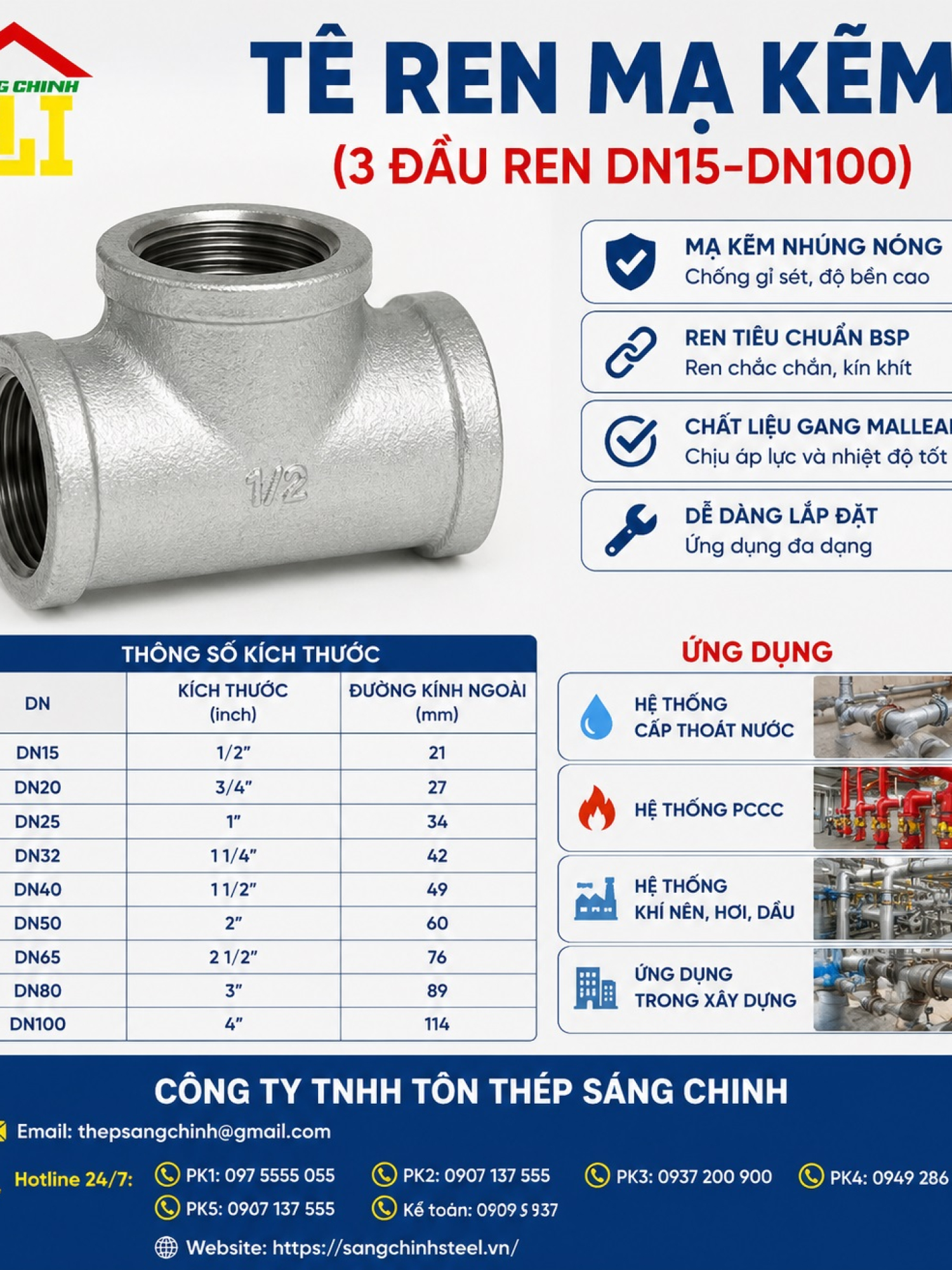 Tê Ren Mạ Kẽm (3 đầu ren DN15-DN100)