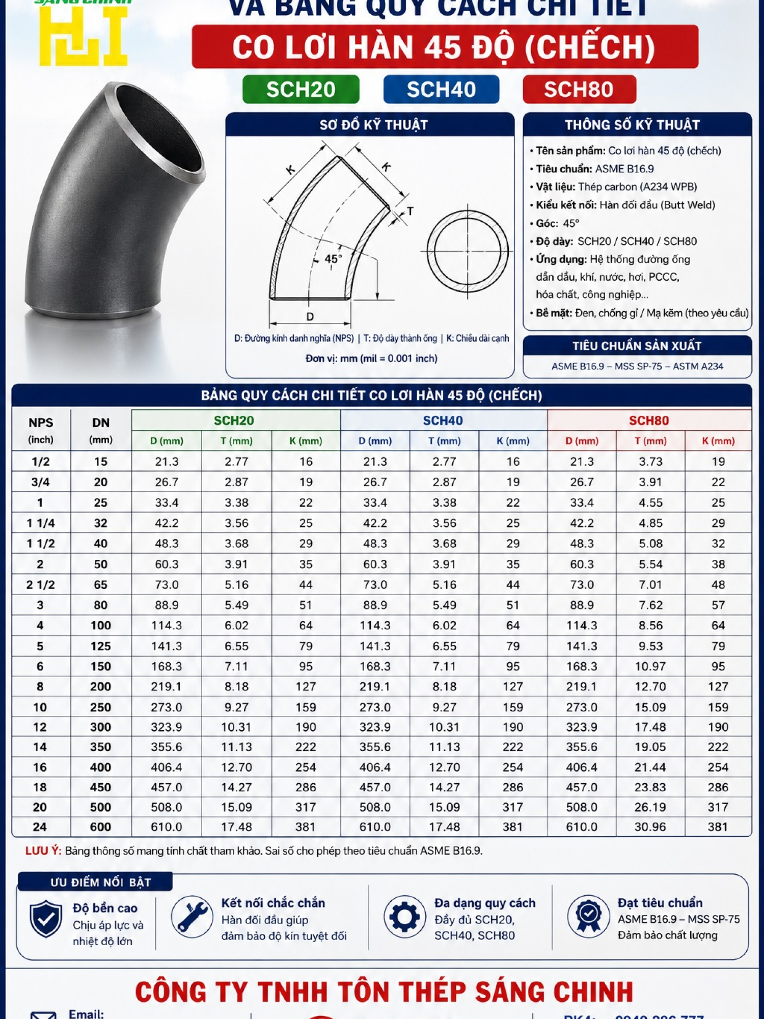 Co lơi hàn 45 độ (chếch) SCH20 SCH40 SCH80