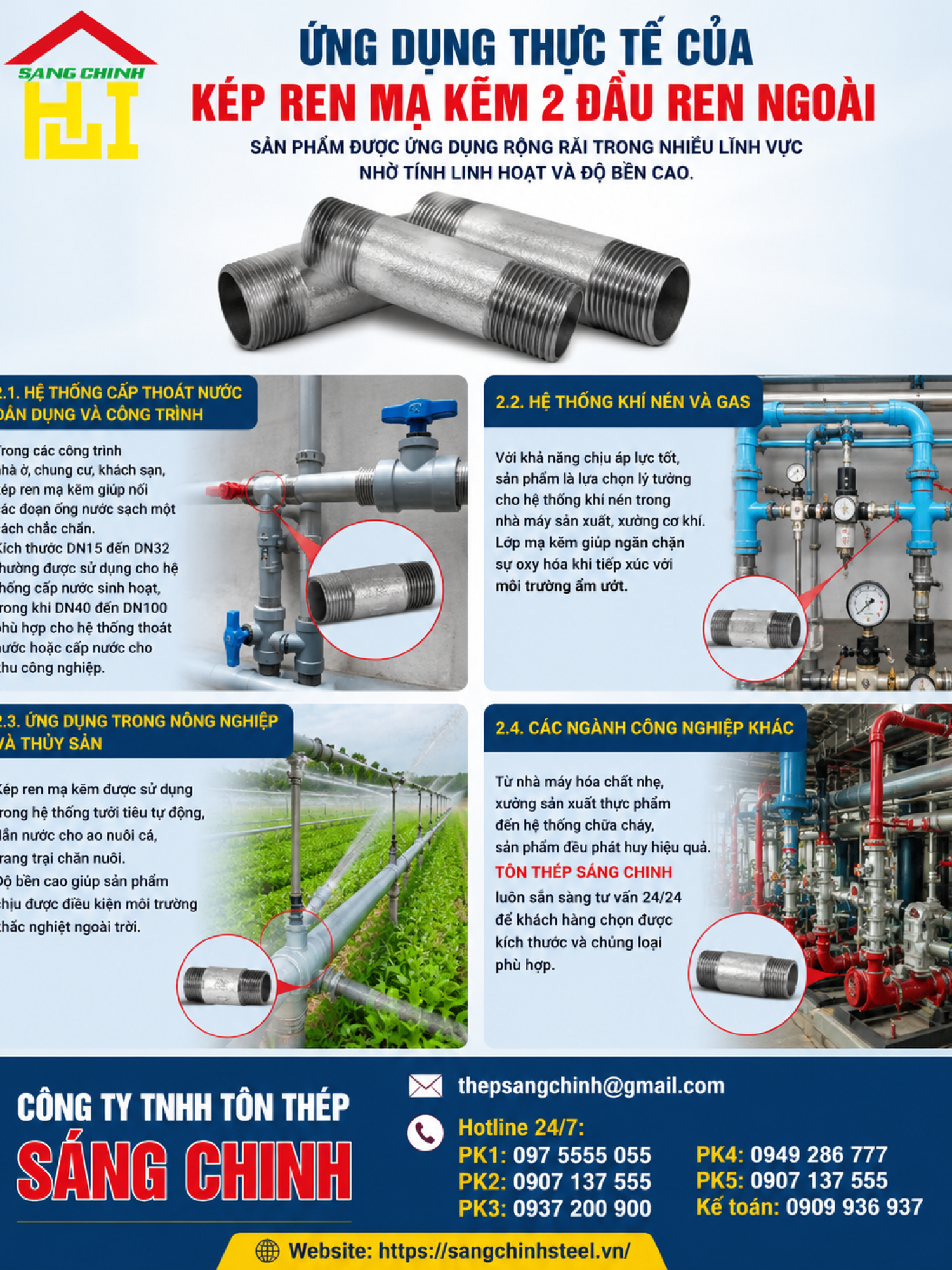 Kép Ren Mạ Kẽm (2 đầu ren ngoài DN15-DN100)
