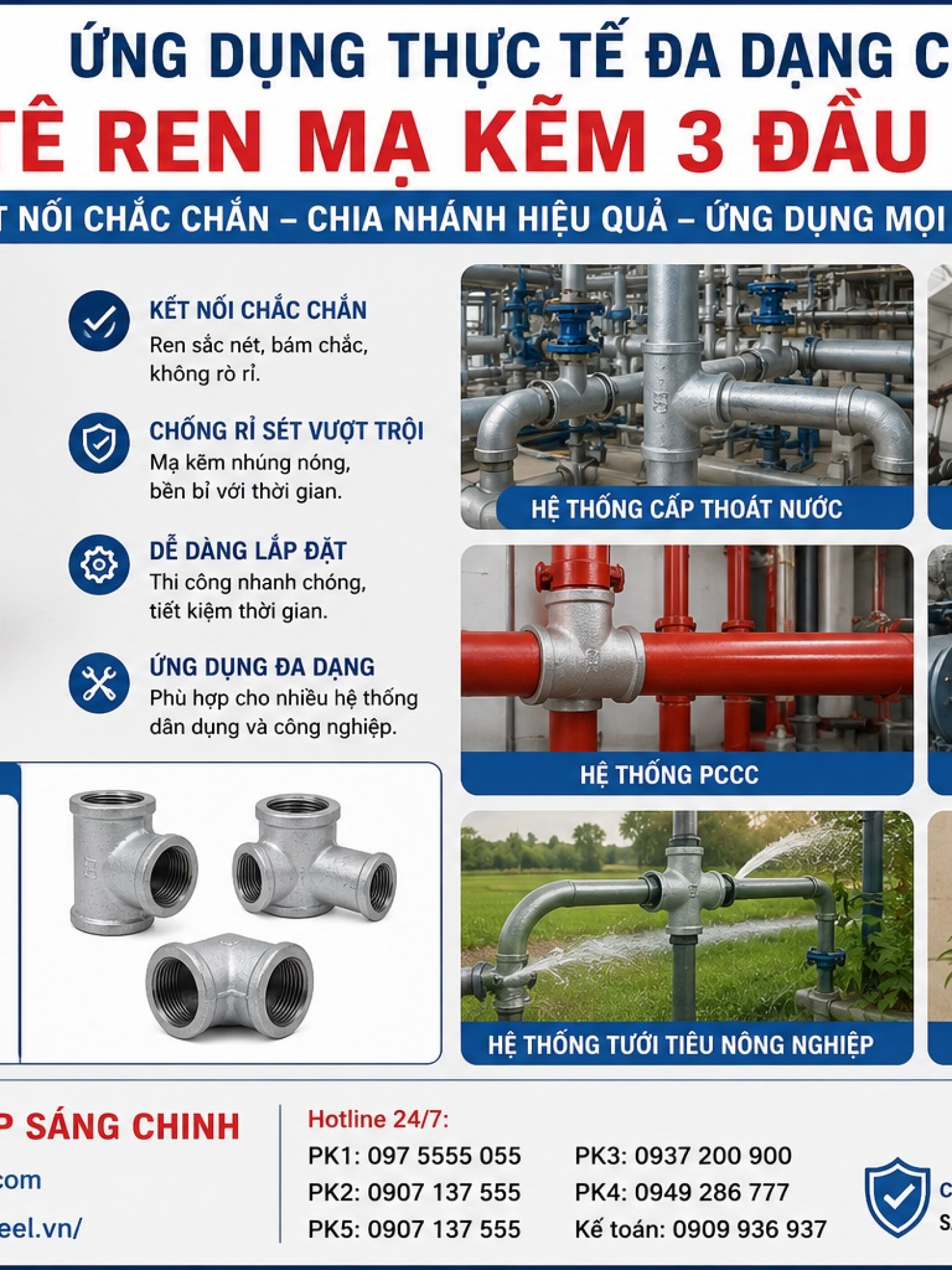 Tê Ren Mạ Kẽm (3 đầu ren DN15-DN100)