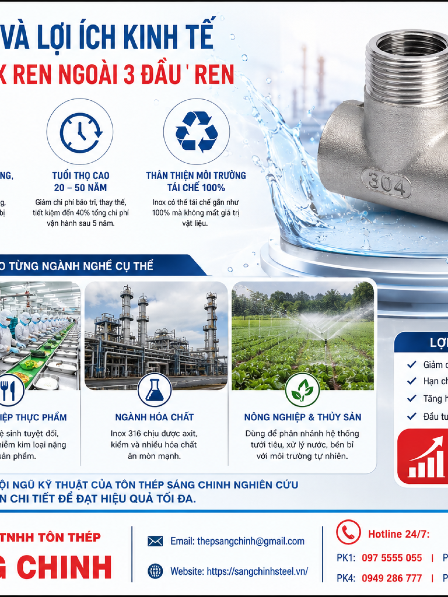 Tê INOX Ren Ngoài 304/316/201 (3 đầu ren ngoài)
