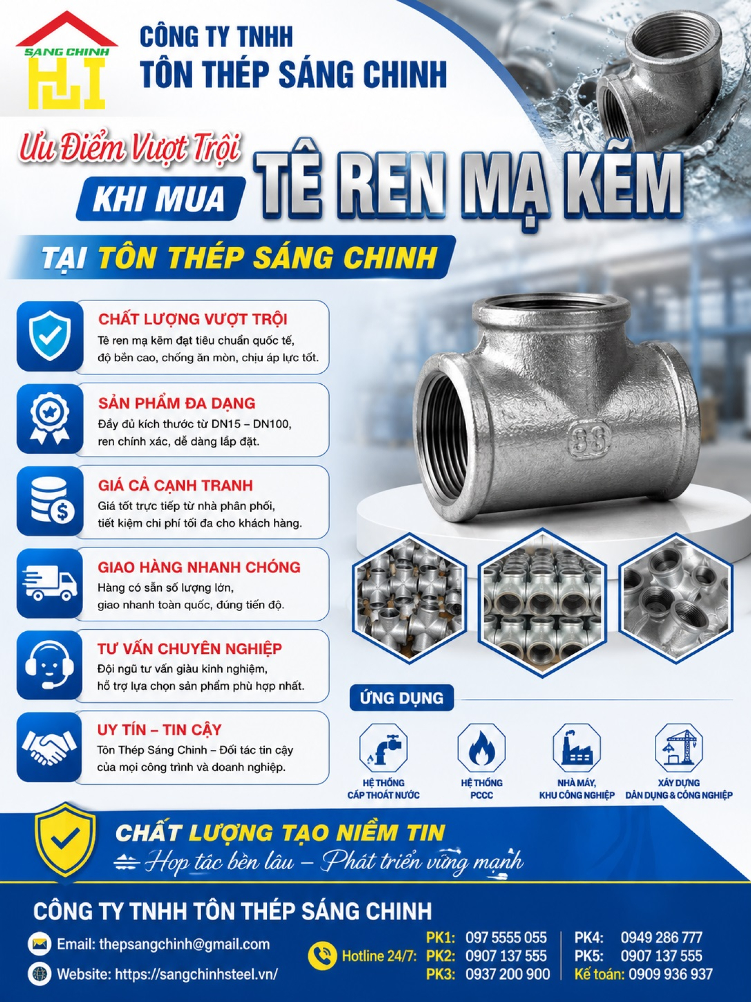 Tê Ren Mạ Kẽm (3 đầu ren DN15-DN100)