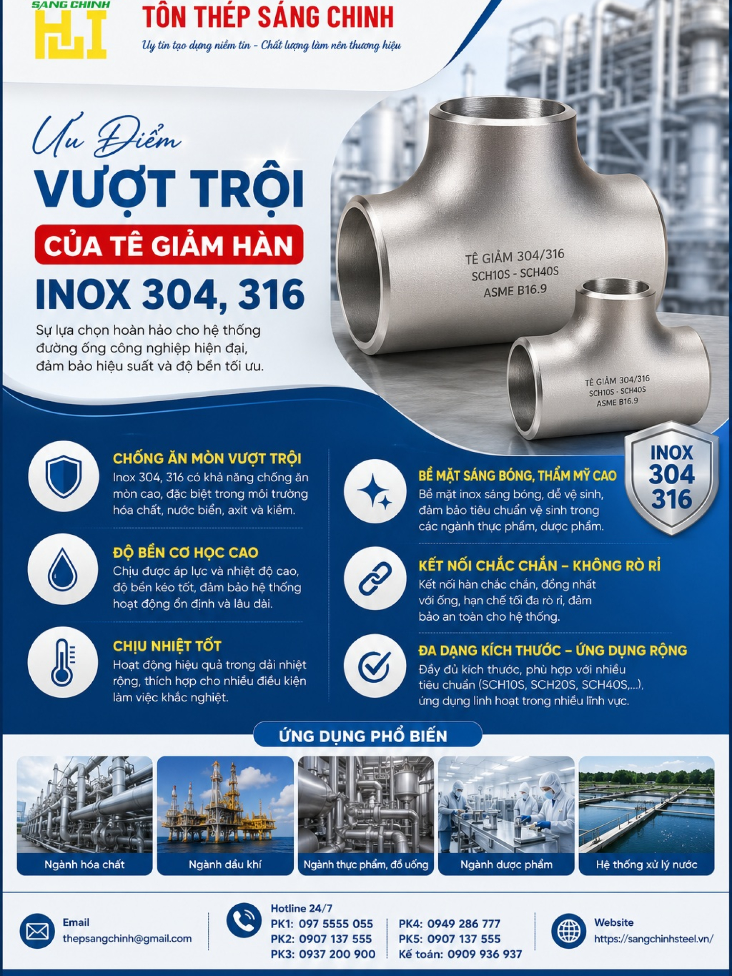 Tê giảm hàn inox 304, 316