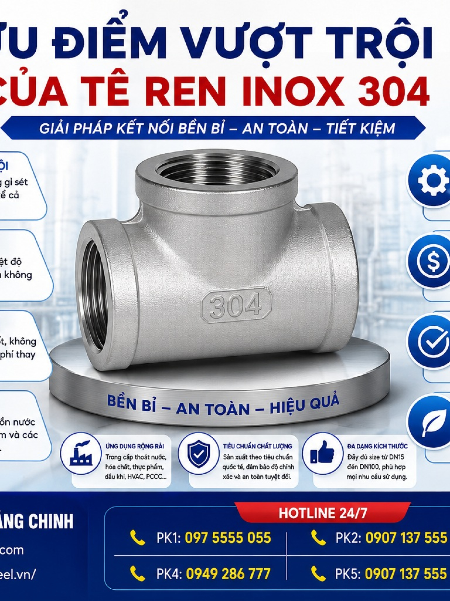 Tê ren inox 304