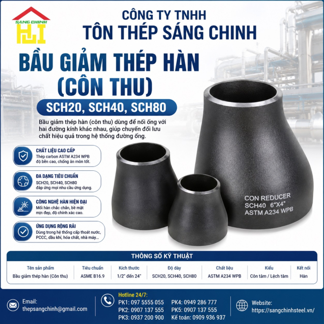 Bầu giảm thép hàn (Côn thu) SCH20, SCH40, SCH80
