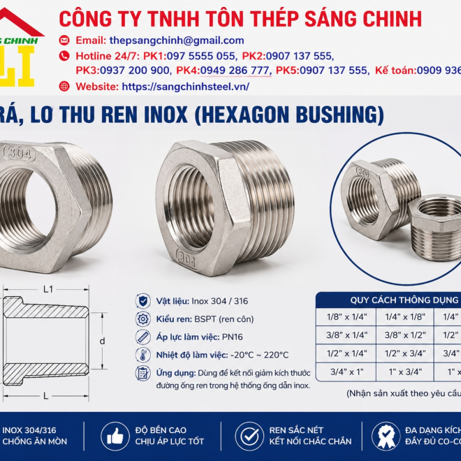 Cà rá, lơ thu ren inox (Hexagon Bushing)