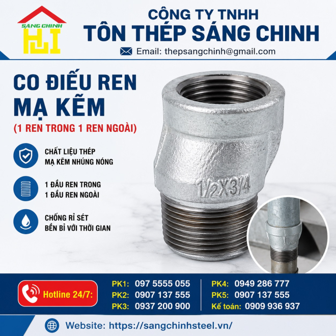 Co Điếu Ren Mạ Kẽm (1 ren trong 1 ren ngoài)