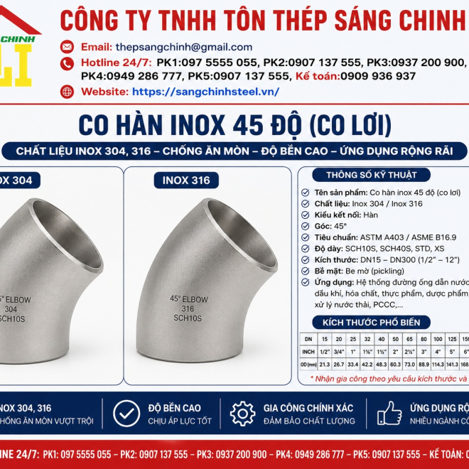 Co hàn inox 45 độ 304, 316 (co lơi)