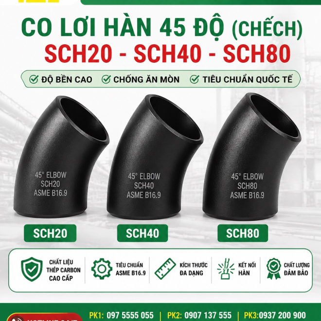 Co lơi hàn 45 độ (chếch) SCH20 SCH40 SCH80
