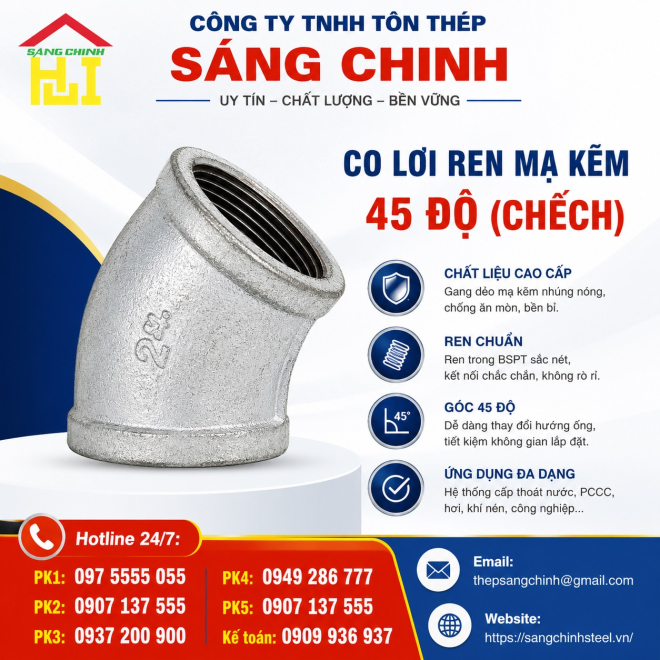 Co Lơi Ren Mạ Kẽm 45 Độ (Chếch)